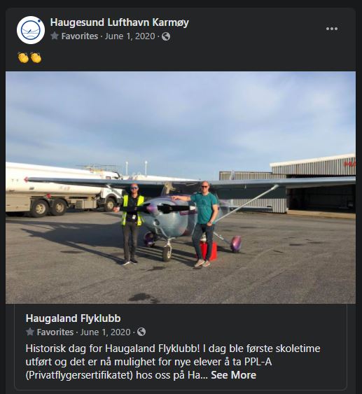 Haugesund Lufthavn skriver om Haugaland Flyklubb på Facebook